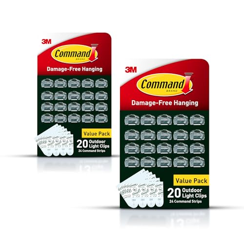 Command Outdoor Light Clips, 40 Clear and 48 Strips, Damage Free Hanging with Weather Resistant Strips, Wall Clips for Hanging Outdoor Lights and Cable Management